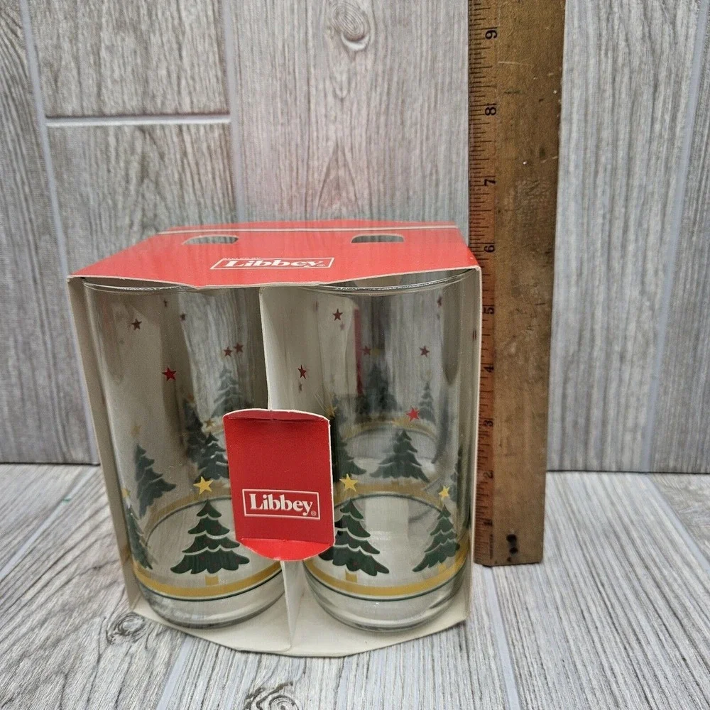 4pc Libbey Holiday Christmas Woods Tree Star Glasses Tumblers Tall‎ USA NOS